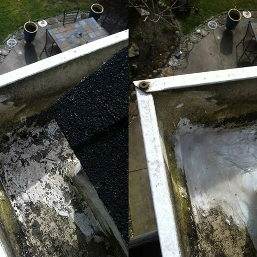 Side-by-side showing leaking gutter before repair and perfectly sealed gutter after professional fixing.