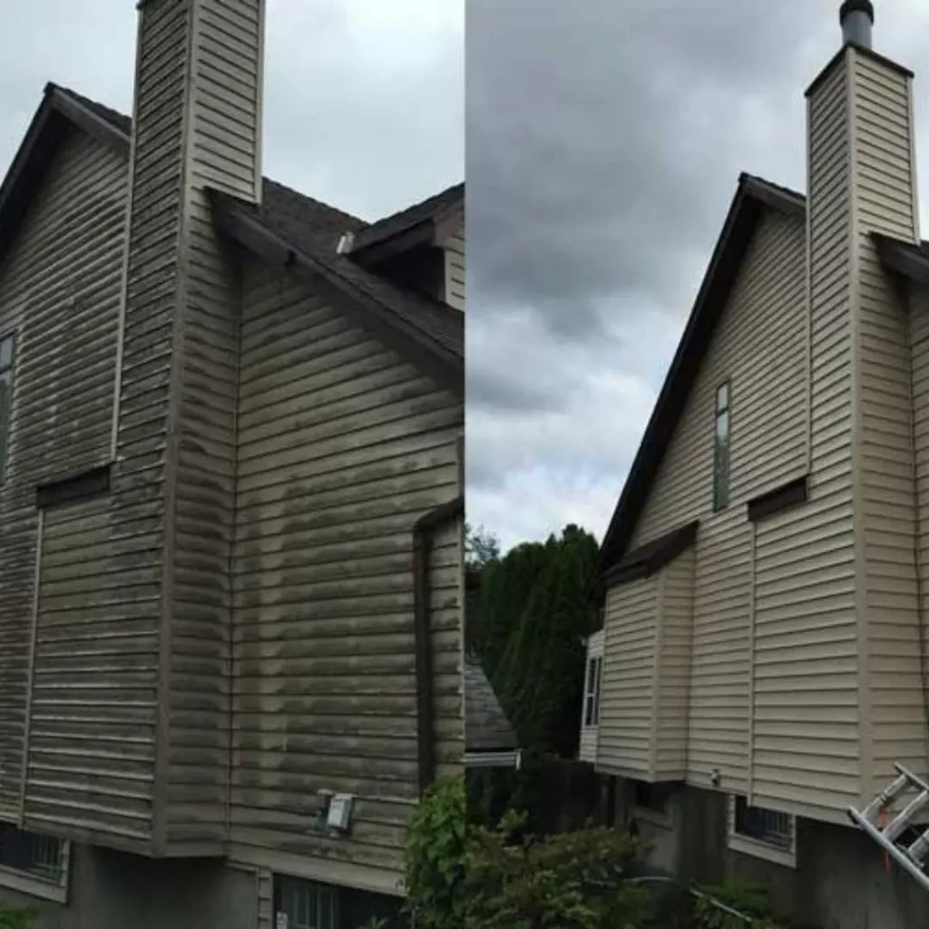 Side-by-side showing dirty siding before cleaning vs restored appearance after professional power washing.