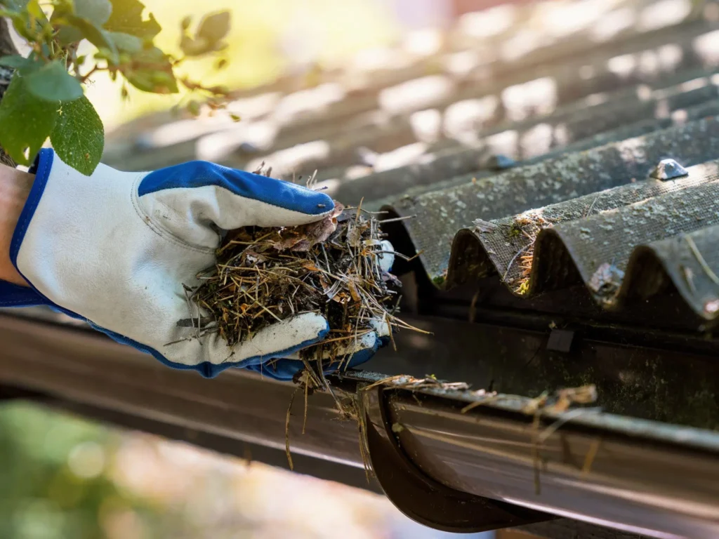 Technician performing gutter cleaning on a residential roof using safety equipment
