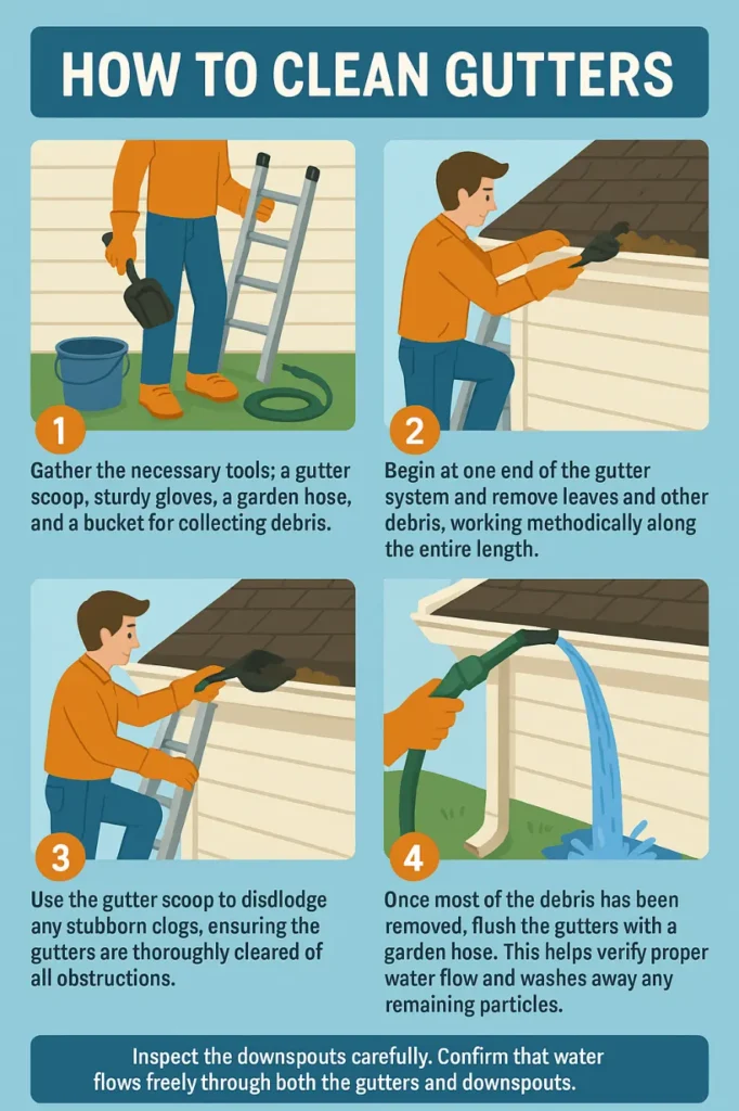 Illustrated step-by-step guide showing how to clean your gutters safely and effectively