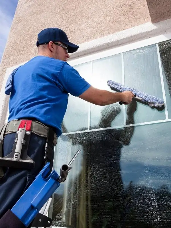 Professional window cleaning specialist using proper tools and techniques for streak-free results.