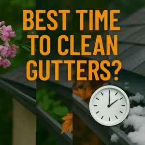 Illustrated clock showing optimal seasons for gutter cleaning to prevent clogs and maintain home safety.