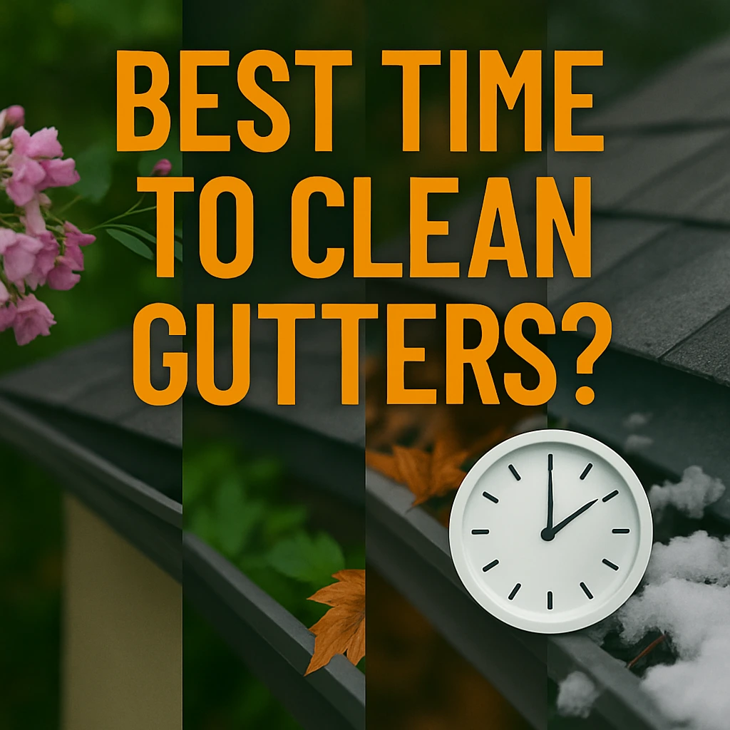 Illustrated clock showing optimal seasons for gutter cleaning to prevent clogs and maintain home safety.