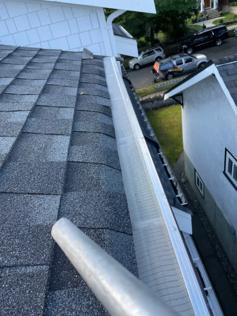 A photo of a house roof with a durable gutter guard installed to prevent debris buildup.