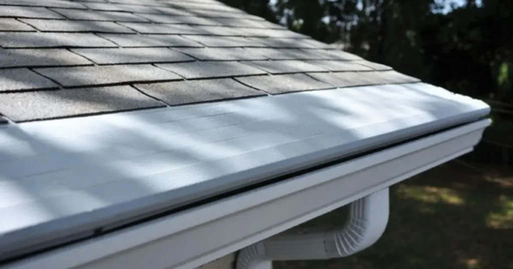 Roof shingles with gutter system under installation.