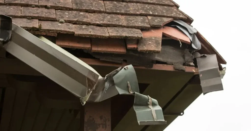 Damaged gutter with broken roof shingles