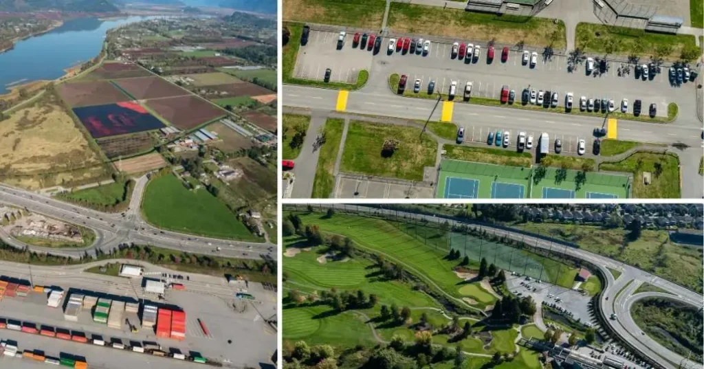 Aerial views of transportation, parking, and recreation areas.