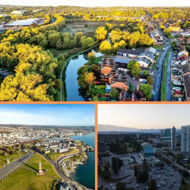 Aerial views of different cities with natural landscapes.