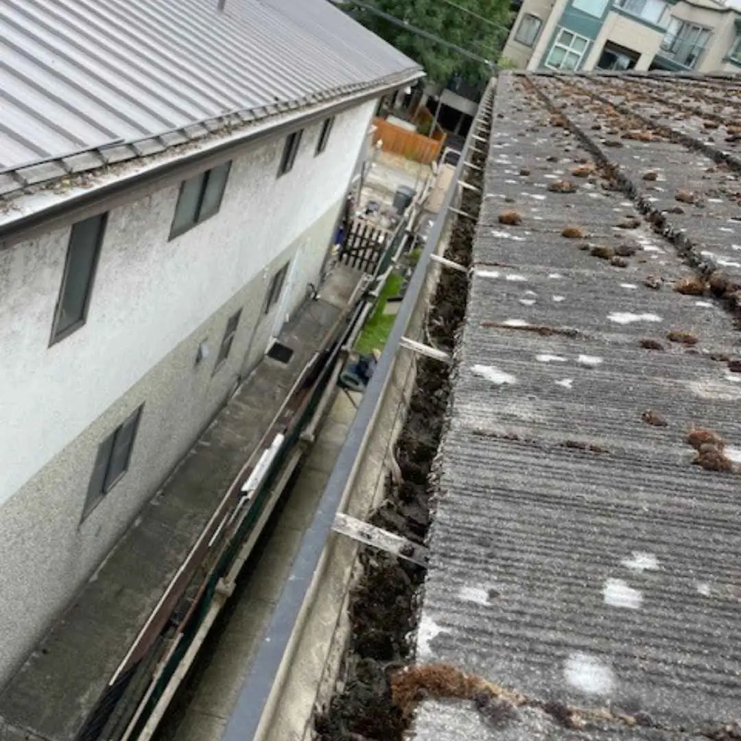 Dirty gutter on sloped residential rooftop