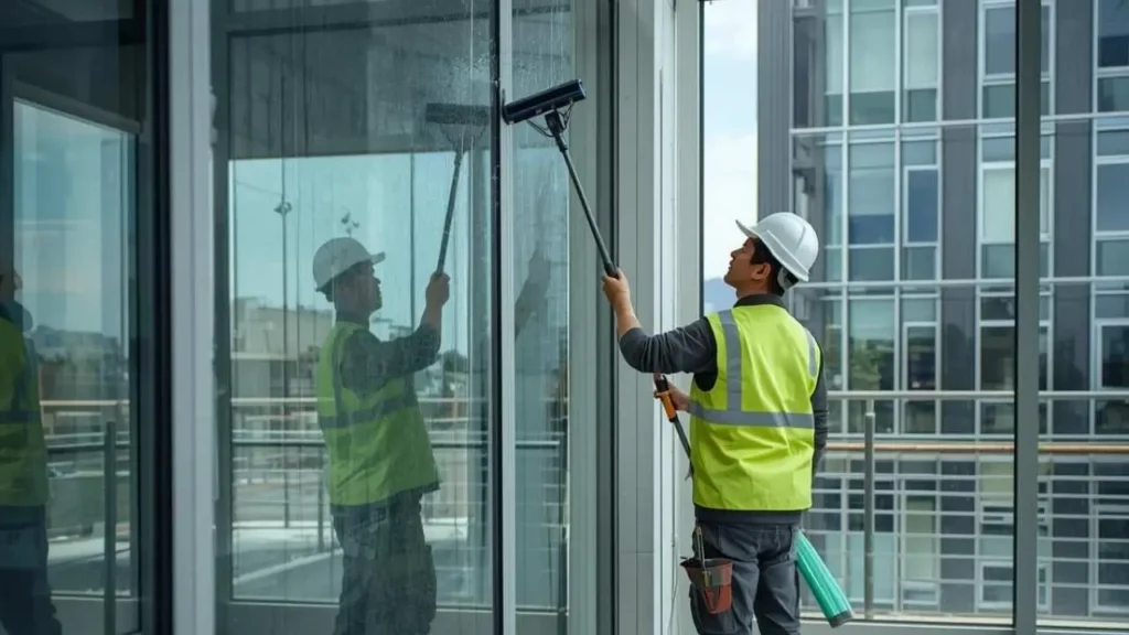 Worker cleaning large office windows with squeegee.