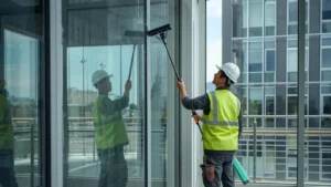 Worker cleaning large office windows with squeegee.