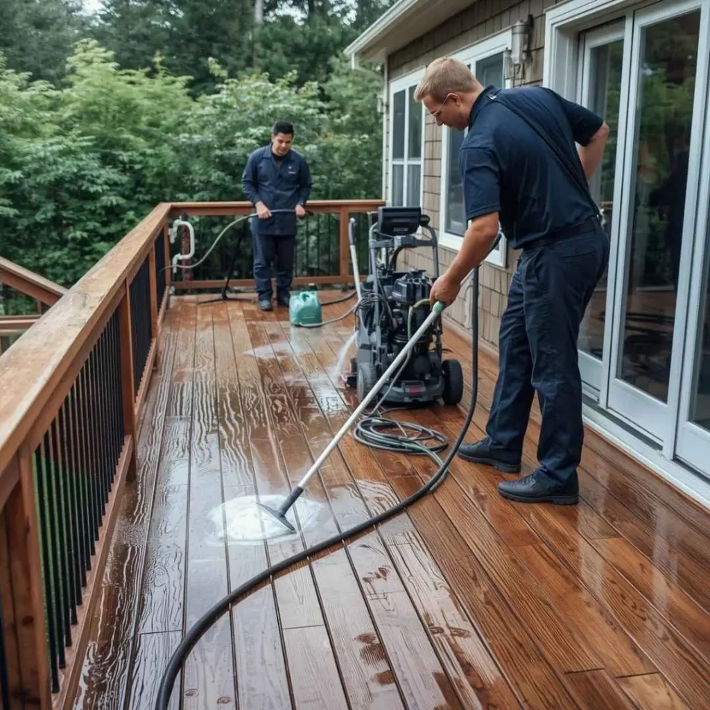Professionals pressure washing a wooden deck.
