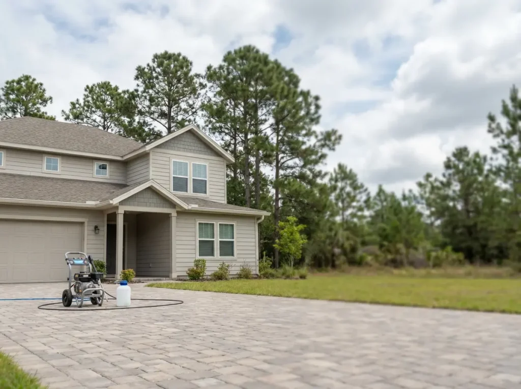 Suburban house with driveway and pressure washer