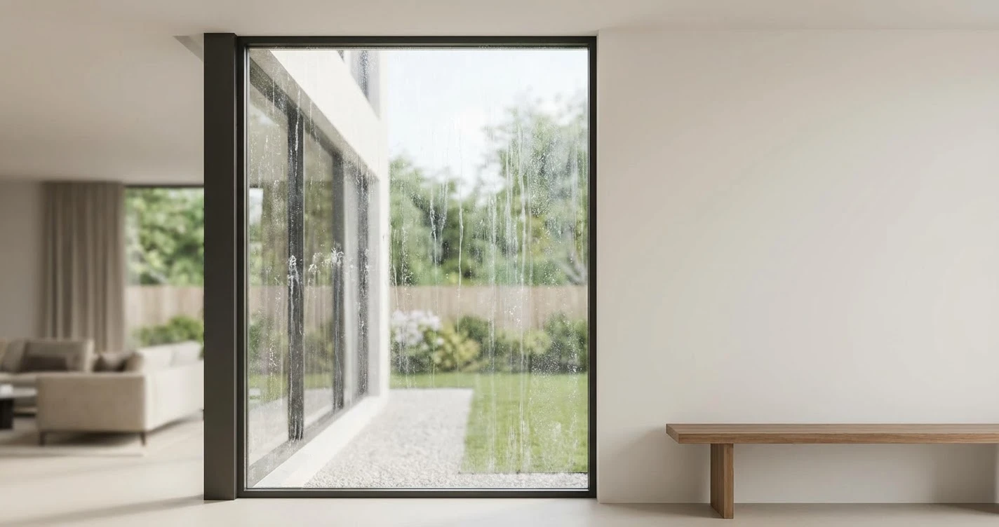 Modern room with large window and wooden bench.