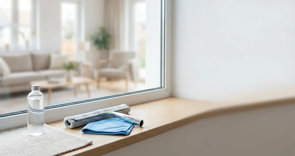 Window cleaning supplies on wooden sill.