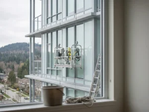 Window cleaners on suspended platform outside building.
