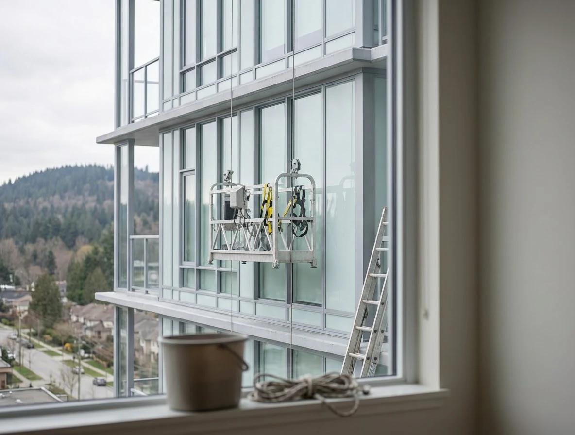 Window cleaners on suspended platform outside building.