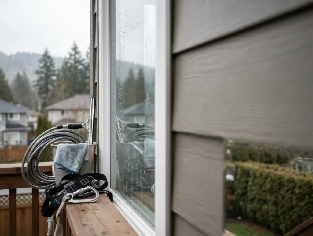 Window cleaning tools on balcony railing