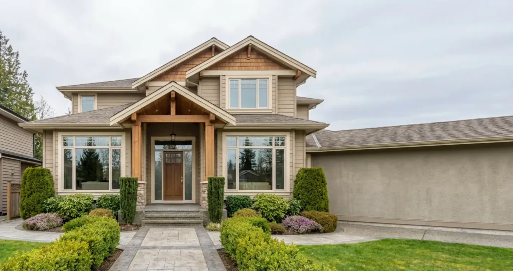 Modern suburban house with landscaped front yard