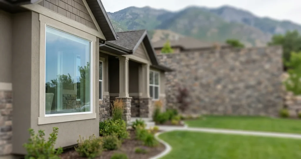 Modern suburban home with mountain backdrop